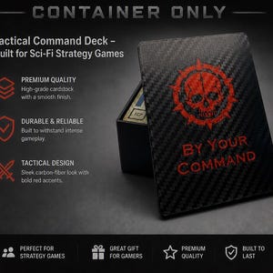 May include: A black carbon-fiber textured card deck container featuring a red skull emblem and the text BY YOUR COMMAND. The box includes text describing it as a Tactical Command Deck for sci-fi strategy games, highlighting high-grade cardstock.