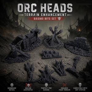 May include: A set of dark gray resin miniature terrain pieces labeled ORC HEADS TERRAIN ENHANCEMENT BASING BITS SET. The collection includes various sculpted orc heads, spiked barricades, stone wall ruins, and debris piles for tabletop gaming.