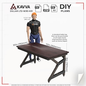 May include: A dark brown rectangular table with black metal legs. The table is 1829 mm long, 762 mm wide, and 787 mm tall. The image includes the text "KAVVA" and "DIY PLANS".