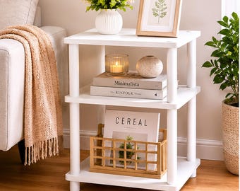 3 Tier End Table, Modern Storage Shelves, Narrow Nightstand, FSC-Certified Wood, White Home Furniture