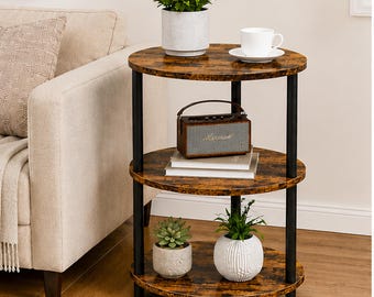 3-Tier Round End Table: Rustic Wood and Metal Farmhouse Accent Shelf