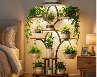 8 Tier Indoor Plant Stand with Grow Lights | 63" Tall Rack With Full Spectrum LED | Flower Stand Display Shelve for Modern Home Decor