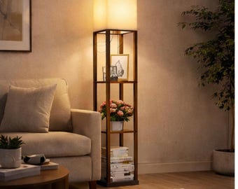 Modern Shelf Floor Lamp with LED Bulb, 3 Color Temperature Light, 3-Tier Wooden Display Lamp