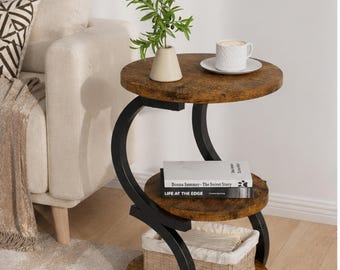 S-Shaped 3-Tier Side Table | Rustic Wood and Metal Nightstand for Small Spaces