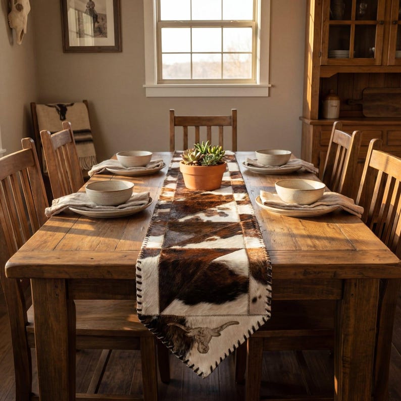 Handmade cowhide table runner with tricolor patchwork leather, longhorn ends, hair on hide panels, western rustic decor, farmhouse dining table accent, leather lace edges, natural cowhide texture