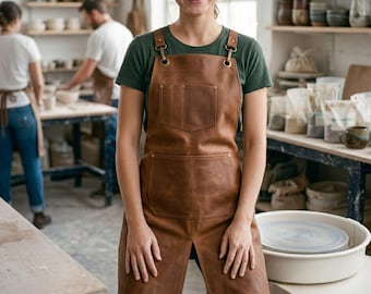 May include: A brown leather apron with multiple pockets and brass fixings. The apron is worn by a person in a pottery studio. The person is smiling. Other people are working in the background. Pottery is visible on shelves.