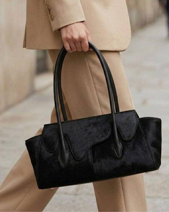 Cowhide black Handbag, Pony Hair Bag, black Hair on Hide Tote, Structured Top Handle Leather Purse