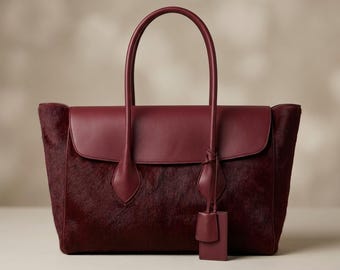 May include: A deep burgundy tote bag featuring a textured hair-on-hide body with smooth leather accents on the top flap, handles, and a small rectangular luggage tag hanging from the right handle base. The bag has a structured rectangular shape.