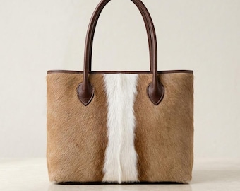 Cowhide Leather Tote Bag, Hair On Hide Purse, Handmade Western Handbag, Tan White Cow Print, Boho Fall Style