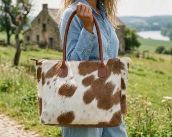 May include: A rectangular tote bag with a brown and white cowhide pattern. It features brown leather handles and trim. The background shows a rural landscape with a stone building and green fields.