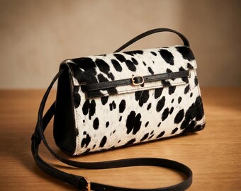 May include: A rectangular shoulder bag featuring a black and white cow print pattern on the front flap. The bag includes a thin black leather strap with an adjustable gold-toned buckle and a matching black leather trim along the flap closure.