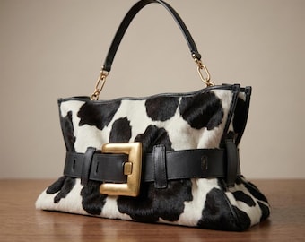 May include: A handbag featuring a black and white cow-print pattern with a textured surface. The bag includes a black leather strap across the front secured by a large, rectangular, brushed gold-tone metal buckle and a single black leather handle.