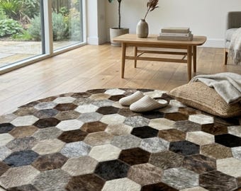 Genuine Cowhide Round Rug ,Leather carpet Boho Farmhouse Decor gift for mom