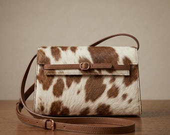 May include: A structured crossbody bag featuring a brown and white cowhide pattern. The bag has a flap closure secured by a thin brown leather strap with a small metal buckle. It includes a matching adjustable brown leather shoulder strap.