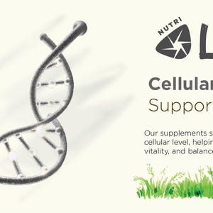 May include: An image featuring a 3D rendering of a DNA double helix in shades of gray, with the text "NUTRI LIFE Cellular Health Support." The image also includes a green grass illustration and the tagline: "Our supplements support health at the cellular level."