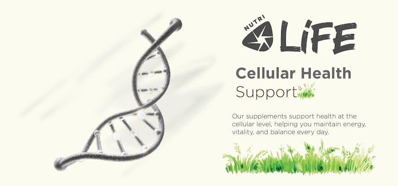 May include: An image featuring a 3D rendering of a DNA double helix in shades of gray, with the text "NUTRI LIFE Cellular Health Support." The image also includes a green grass illustration and the tagline: "Our supplements support health at the cellular level."