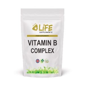 May include: A white pouch of Life Supplements Vitamin B Complex. The pouch features the brand's logo, the words "FOOD SUPPLEMENTS", and the product name in large, bold letters. The bottom of the pouch has a green grass design and three small icons.
