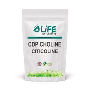 Puede incluir: Una bolsa blanca de Nutri Life Supplements CDP Choline Citicoline. La bolsa tiene una franja verde con las palabras "Food Supplements" y un logotipo. La parte inferior de la bolsa tiene un diseño de hierba verde y las palabras "Clean Product".