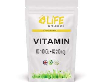 Vitamina D3 10.000 UI + K2 MK-7 200 mcg – Cápsulas suplementarias – Fórmula de D3 y MK7 derivada de la lanolina