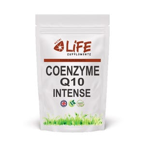May include: A white pouch of Nutri Life Supplements Coenzyme Q10 Intense. The product name is in large, bold letters. The pouch has a brown banner with the words "Food Supplements" and a logo with a red and orange design.