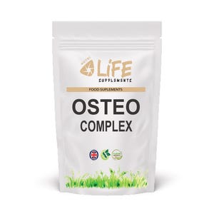 Puede incluir: Una bolsa blanca de suplementos alimenticios "Life Supplements" Osteo Complex. El envase presenta el logotipo de la marca, el nombre del producto y las palabras "Food Supplements". La parte inferior de la bolsa tiene gráficos de hierba verde y tres pequeños iconos.