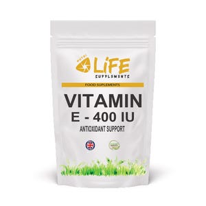 May include: A white pouch of Nutri Life Supplements Vitamin E-400 IU. The packaging features the brand's logo, a yellow bar with "FOOD SUPPLEMENTS", and the text "ANTIOXIDANT SUPPORT". Includes a British flag and a "Clean Product" seal.