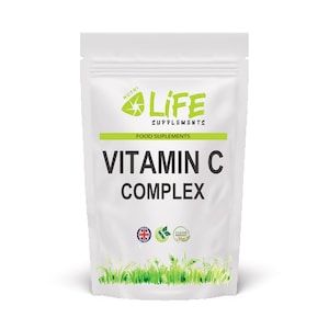May include: A white pouch of Nutri Life Supplements Vitamin C Complex. The pouch has green and black text, with the words "Vitamin C Complex" prominently displayed. The pouch also features a green logo and the words "Food Supplements".