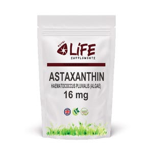 May include: A white supplement pouch with the text "ASTAXANTHIN" and "16 mg" in black. The pouch also features the brand name "LIFE SUPPLEMENTS" in red and black, along with the words "FOOD SUPPLEMENTS". The bottom of the pouch has a green grass design.