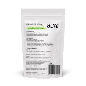 Puede incluir: Un sobre blanco de c&aacute;psulas blandas Nutri Life Cod Liver Oil 1000 mg. El envase incluye texto sobre el uso sugerido, los ingredientes y las advertencias de al&eacute;rgenos. El producto no es apto para veganos o vegetarianos.