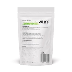 K&ouml;nnte beinhalten: Ein wei&szlig;er Beutel mit Dragon's Blood Kapseln. Die Verpackung enth&auml;lt den Markennamen "NUTRI LIFE" und Produktinformationen. Das Etikett listet Inhaltsstoffe, Anwendungshinweise und Allergenwarnungen auf. Der Beutel ist versiegelt.