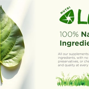 May include: A vibrant green leaf with prominent veins, set against a white background. The image includes the text "NUTRI LIFE" and "100% Natural Ingredients", suggesting a focus on natural health products.