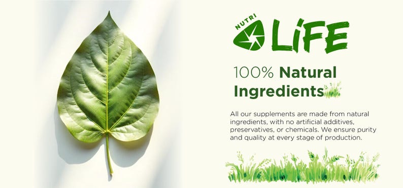 May include: A vibrant green leaf with prominent veins, set against a white background. The image includes the text "NUTRI LIFE" and "100% Natural Ingredients", suggesting a focus on natural health products.