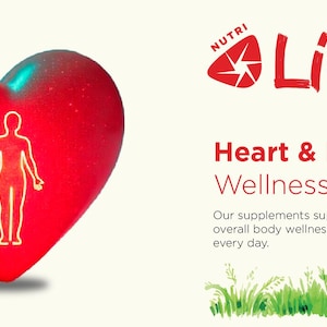 May include: A red heart-shaped object with a glowing human figure outline. The image includes the text "NUTRI LIFE Heart & Body Wellness" with a description of supplements supporting heart health and overall body wellness.