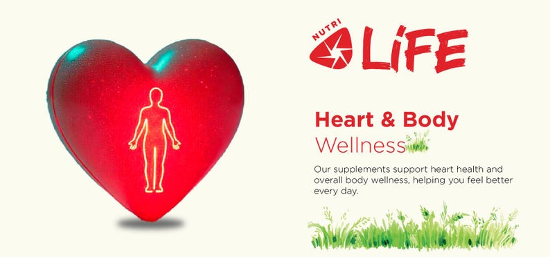 May include: A red heart-shaped object with a glowing human figure outline. The image includes the text "NUTRI LIFE Heart & Body Wellness" with a description of supplements supporting heart health and overall body wellness.