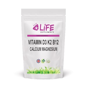 May include: A white pouch of Nutri Life Supplements. The pouch features the text "Vitamin D3 K2 B12 Calcium Magnesium" in black, with a purple banner and the words "Food Supplements". The pouch also has a green and blue logo.