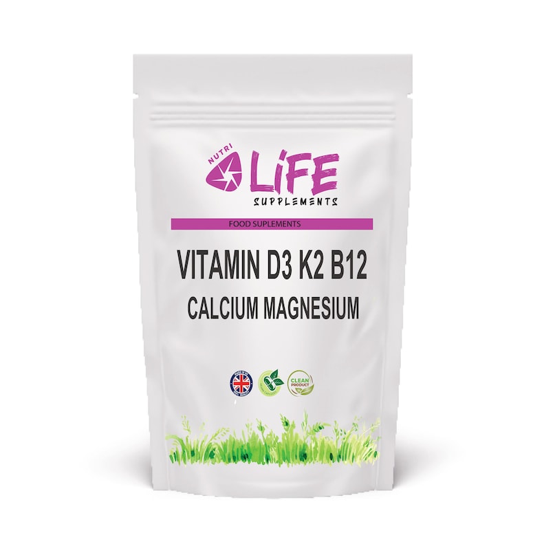 May include: A white pouch of Nutri Life Supplements. The pouch features the text "Vitamin D3 K2 B12 Calcium Magnesium" in black, with a purple banner and the words "Food Supplements". The pouch also has a green and blue logo.