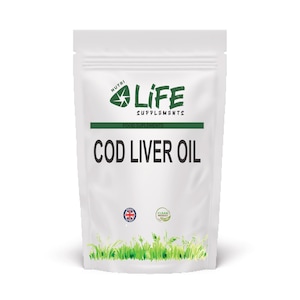 May include: A white pouch of Nutri Life Supplements Cod Liver Oil. The packaging features a green stripe with the words "Food Supplements" and a logo. The bottom of the pouch has a small Union Jack and a "Clean Source" seal.