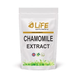 May include: White pouch of Chamomile Extract food supplements. The pouch has the words "Life Supplements" and "Chamomile Extract" printed on it. The pouch also has a green grass design at the bottom and a "Clean Product" logo.