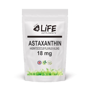 May include: White pouch of Nutri Life Supplements Astaxanthin. The package includes the text "Astaxanthin" and "18 mg". The package also includes the text "Haematococcus Pluvialis (Algae)" and the words "Food Supplements". The package has a green grass design at the bottom.