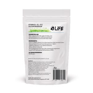 May include: A white supplement pouch with the text "VITAMIN D3 + K2 + B12 CALCIUM MAGNESIUM" and the brand name "NUTRI LIFE". The pouch lists ingredients, suggested use, and allergen warnings. The pouch also includes a "Best Before End" date.