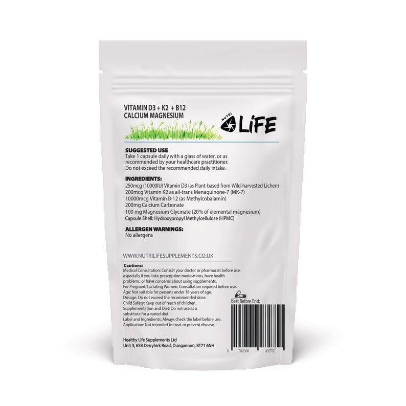 May include: A white supplement pouch with the text "VITAMIN D3 + K2 + B12 CALCIUM MAGNESIUM" and the brand name "NUTRI LIFE". The pouch lists ingredients, suggested use, and allergen warnings. The pouch also includes a "Best Before End" date.