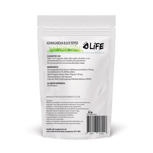 May include: A white pouch of Ashwagandha Black Pepper capsules. The label includes the brand name, suggested use, ingredients, and allergen warnings. The text also includes the website address and cautions.