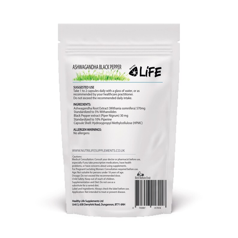 May include: A white pouch of Ashwagandha Black Pepper capsules. The label includes the brand name, suggested use, ingredients, and allergen warnings. The text also includes the website address and cautions.