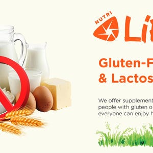 May include: Image promoting gluten-free and lactose-free products. A red circle with a line through it is over images of dairy and wheat. The text reads "Gluten-Free & Lactose-Free" with the Nutri Life logo.