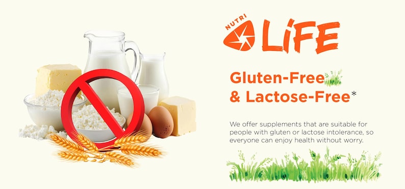 May include: Image promoting gluten-free and lactose-free products. A red circle with a line through it is over images of dairy and wheat. The text reads "Gluten-Free & Lactose-Free" with the Nutri Life logo.