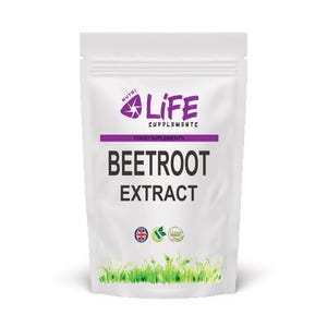 May include: White pouch of Life Supplements Beetroot Extract. The package features the brand's logo, a purple stripe with "FOOD SUPPLEMENTS," and the text "BEETROOT EXTRACT." It also includes a UK flag, a leaf, and a "Clean Product" seal.