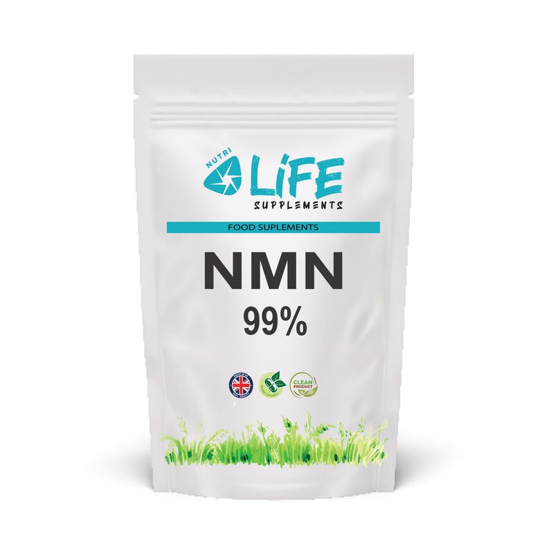 May include: White pouch of NMN 99% food supplements. The pouch has the words "Life Supplements" and "Food Supplements" in blue and black. The pouch also has the Union Jack, a green leaf, and a circular logo.