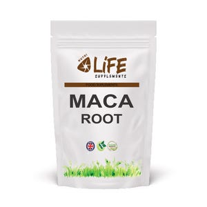 May include: White pouch of Nutri Life Supplements Maca Root. The package features the brand's logo, the words "FOOD SUPPLEMENTS", and the text "MACA ROOT" in large, bold letters. The bottom of the pouch has a green grass design.