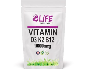 Vitamina D3 10000 UI, K2 MK7, Vitamina B12 10000 mcg. El mejor polvo natural vegano de vitamina D3 Nutri Life.