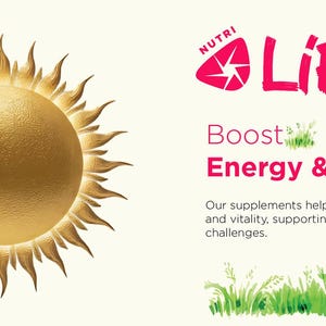 May include: Image features a golden sun illustration with radiating light. The text "NUTRI LIFE" is displayed in pink, along with "Boost Energy & Vitality." The image promotes supplements for energy and vitality.